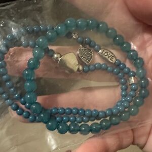 Blue Beaded Bracelet with Silver heart Charms